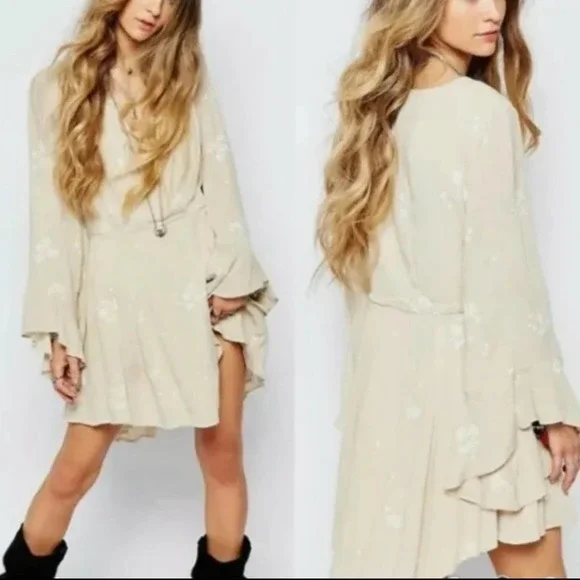 Free People Tan & Cream Almond Combo Jasmine Embroidered Boho Mini Dress 8 - Picture 7 of 11